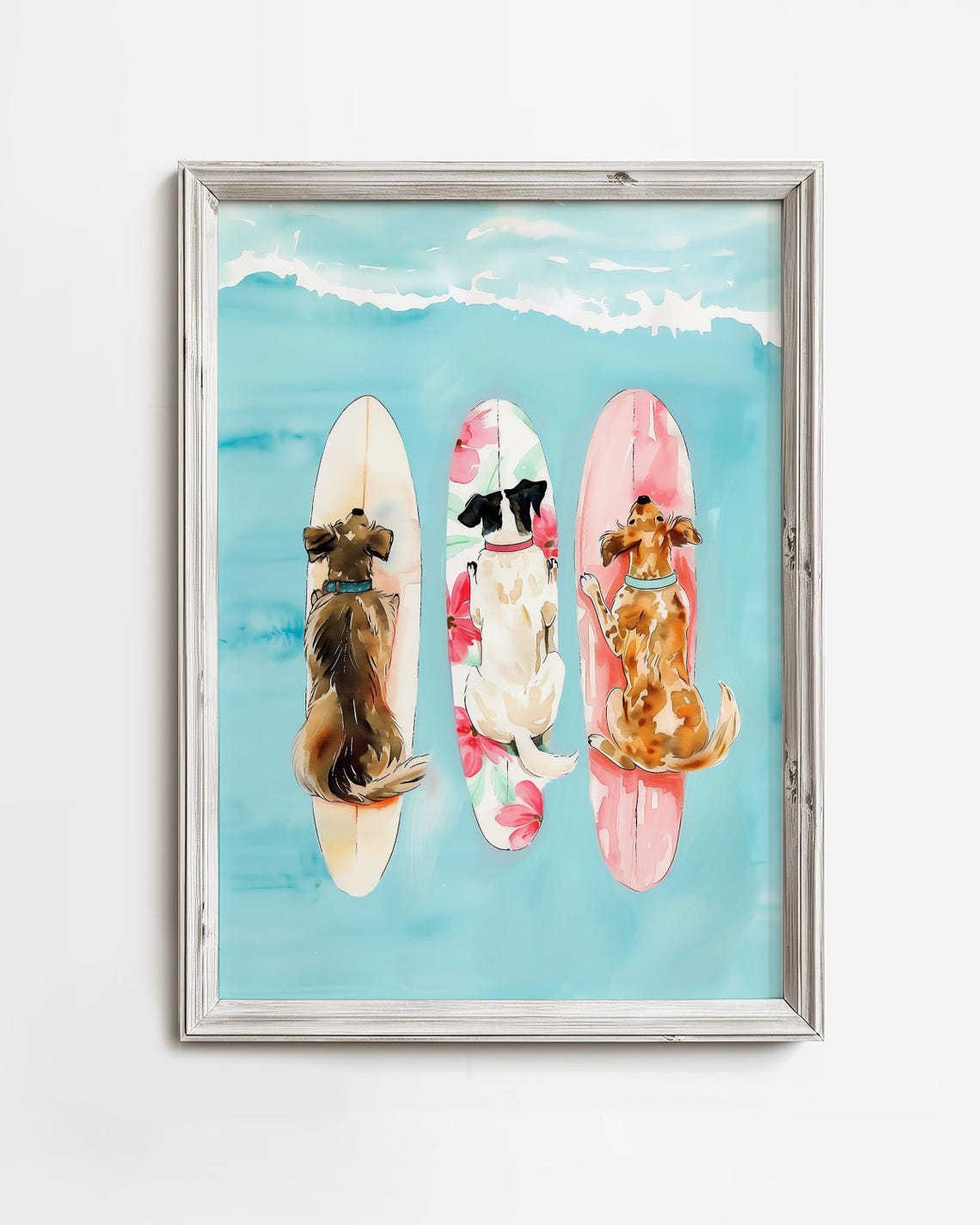 Surfing Dogs On Colorful Boards Ocean Watercolor Dog Wall Art
