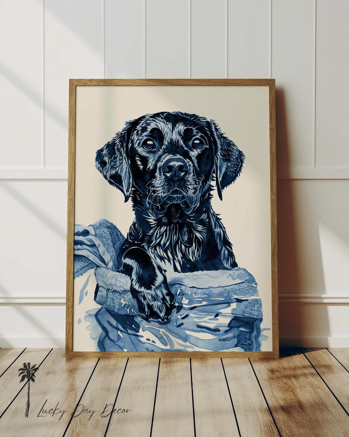 Black Labrador Puppy Bath Time Blue Watercolor Cute Dog Poster
