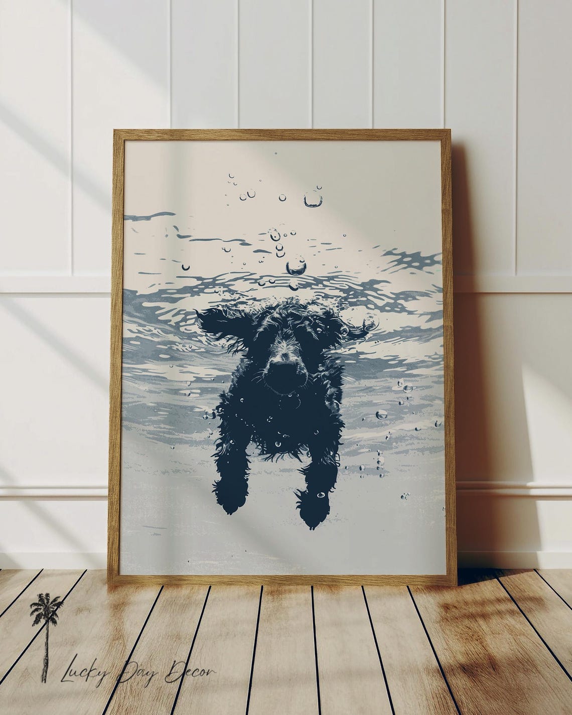 Underwater Swimming Dog Navy Ink Sketch Happy Pool Dog Poster