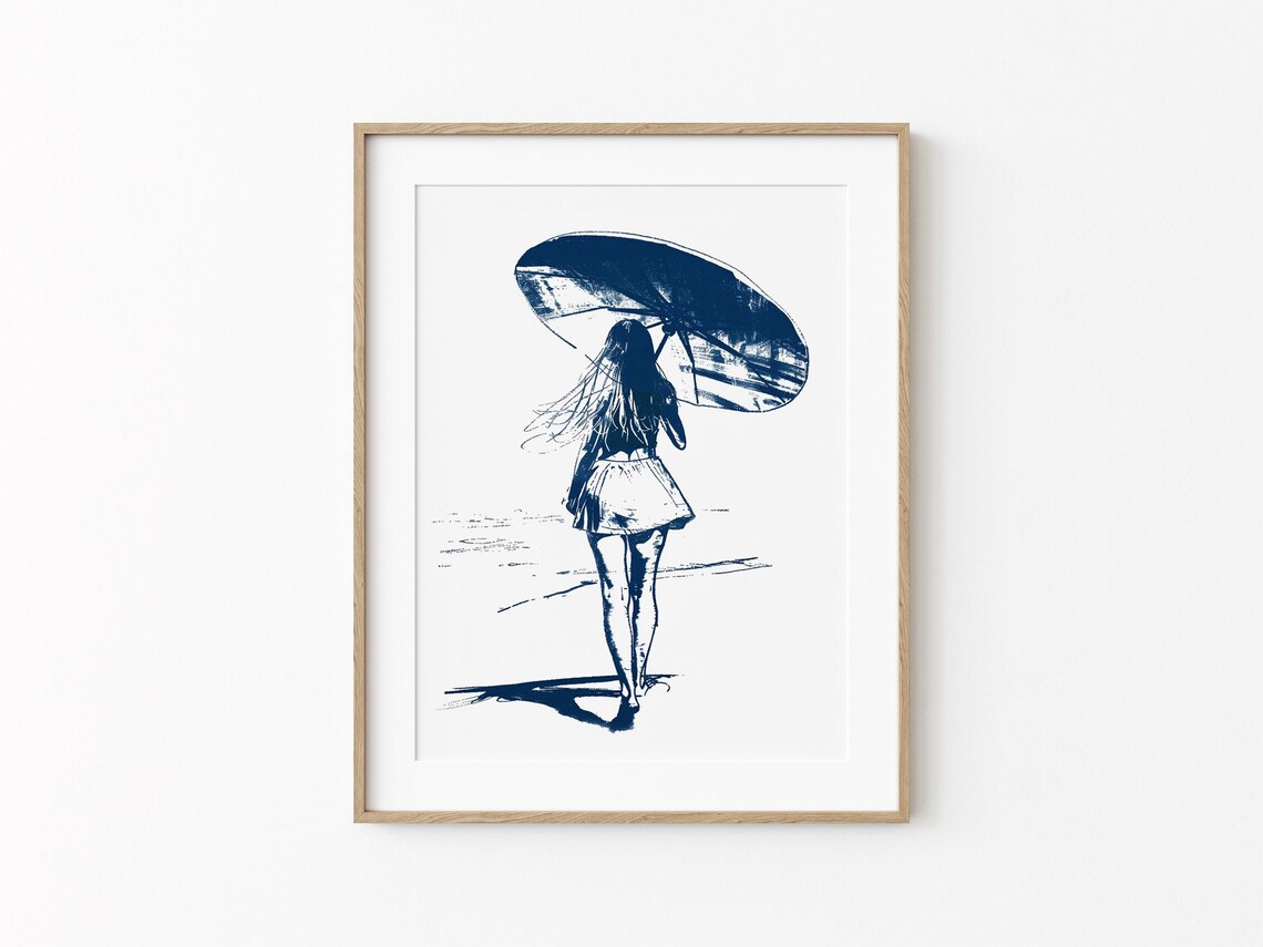 Girl With Umbrella Walking on the Beach Navy Duotone Sketch Poster