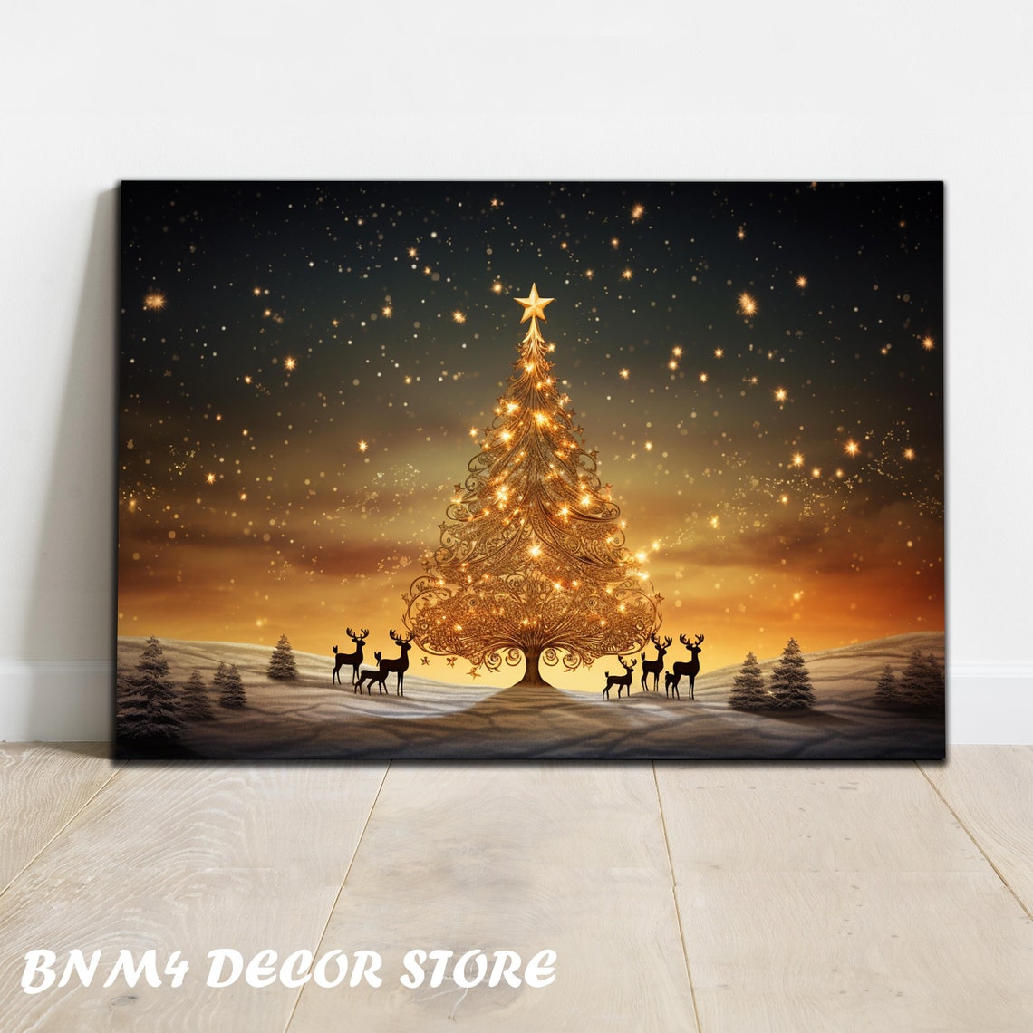 Glowing Golden Christmas Tree in Snowy Dusk with Reindeer Poster