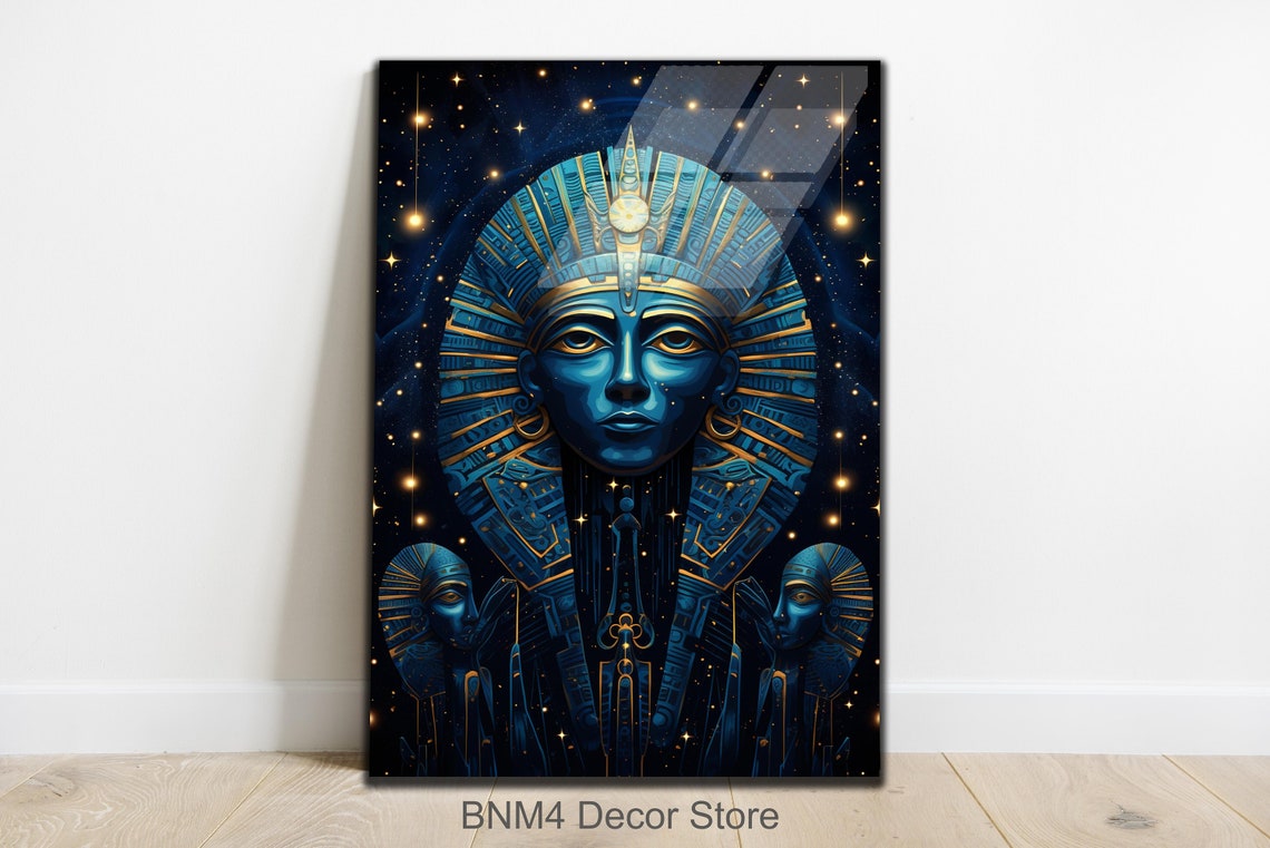Tutankhamun Blue Gold Pharaoh Mask Under Starry Night Sky Poster