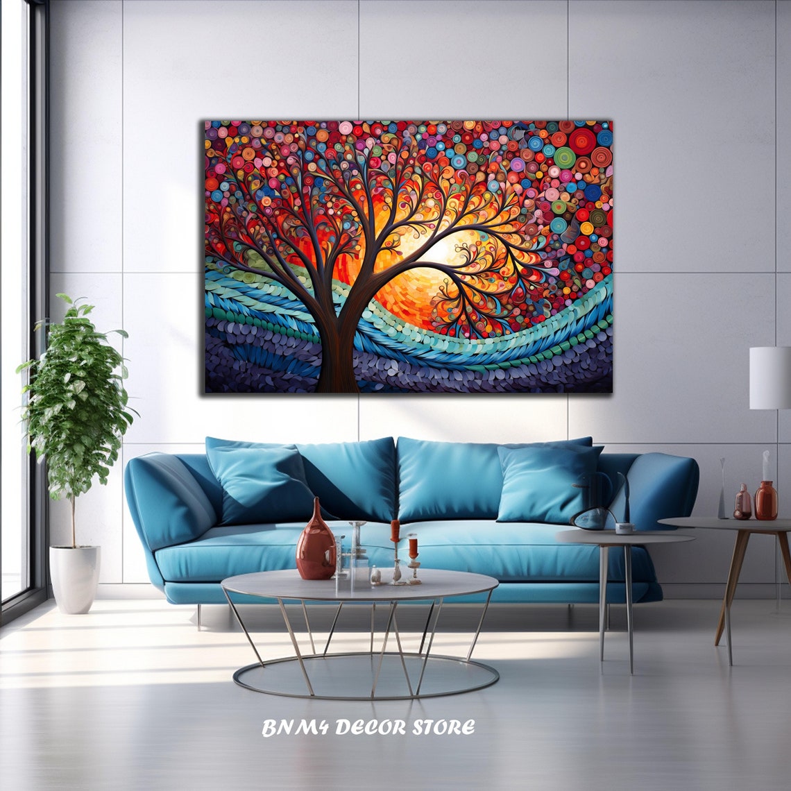 Rainbow Dotted Tree of Life Over Teal Waves at Sunset Wall Poster