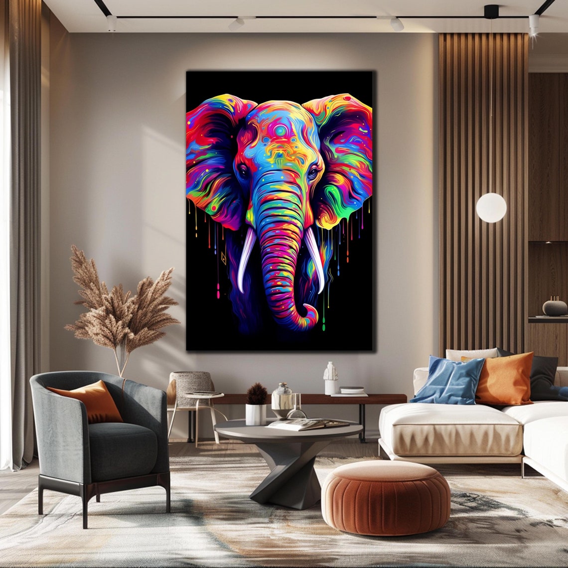 Colorful Elephant Head Black Background Neon Splash Animal Wall Art