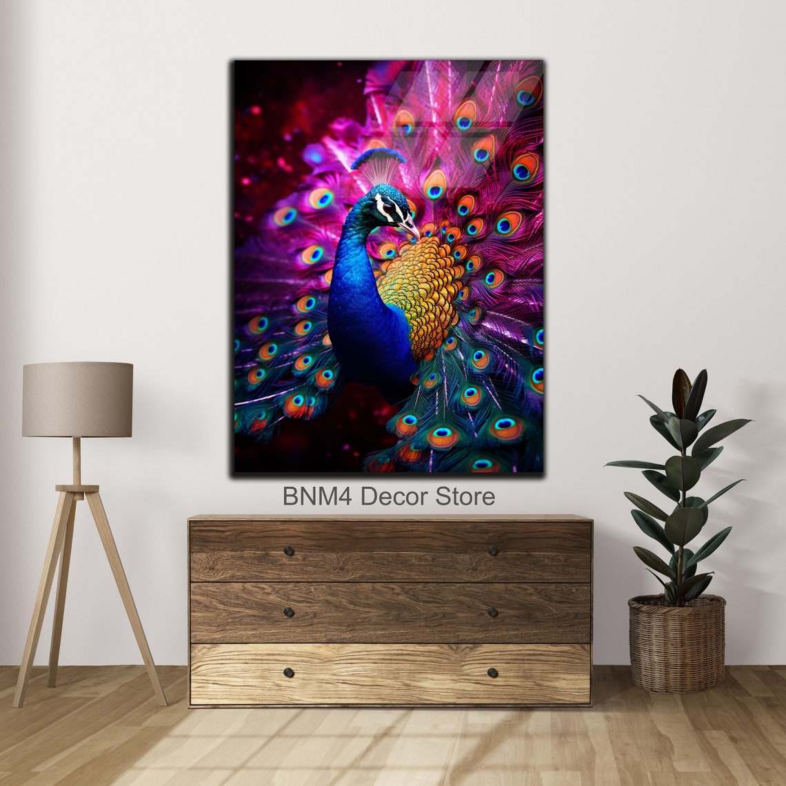 Blue Peacock Magenta Glow Fanned Tail Feathers Bird Glass Wall Art