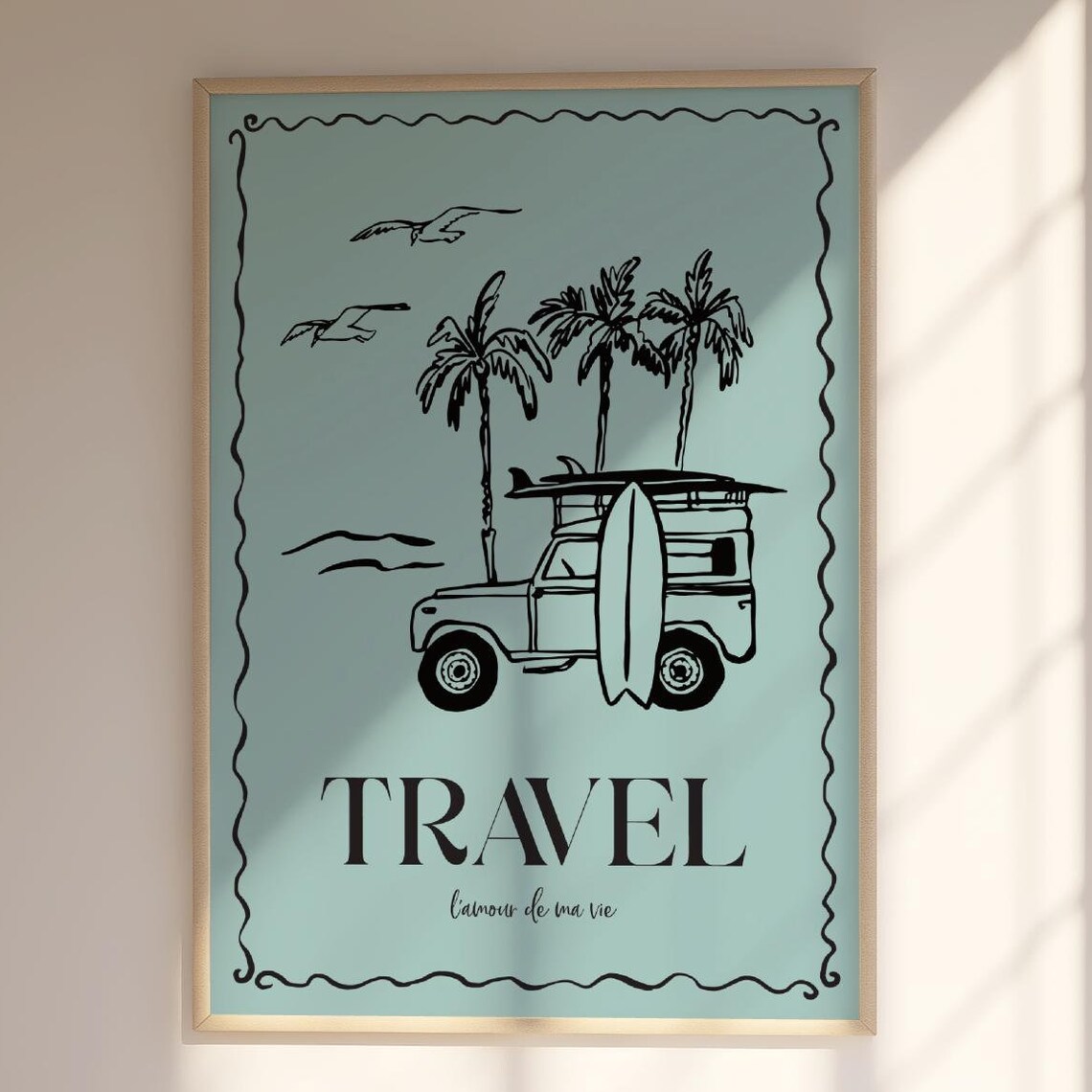 Travel Lamour De Ma Vie Teal Surf Van Retro Wanderlust Wall Print