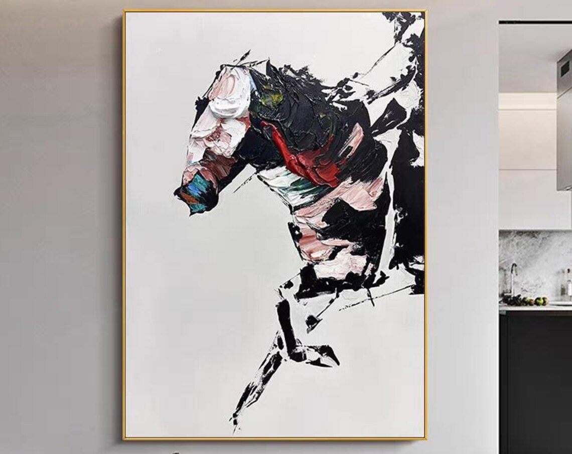 Black White Horse Portrait Textured Modern Animal Painting Art Poster