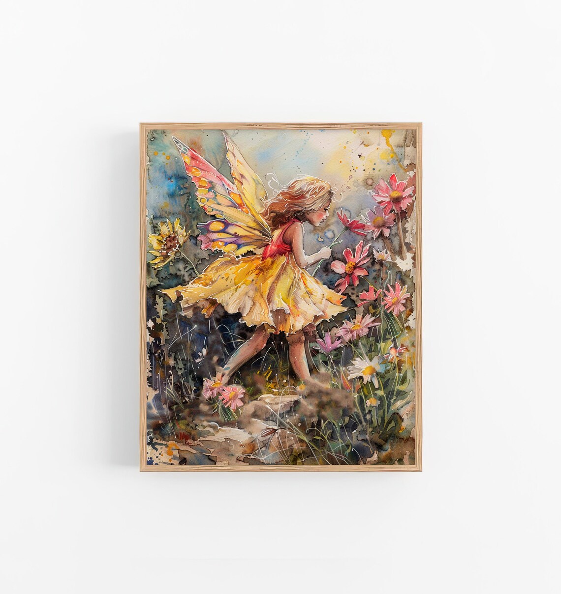 Butterfly Fairy Girl Wildflowers Watercolor Fantasy Art Poster