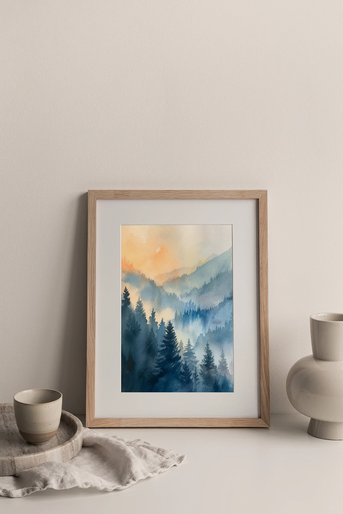 Smoky Mountains Misty Forest Sunrise Watercolor Landscape Poster - Image 2