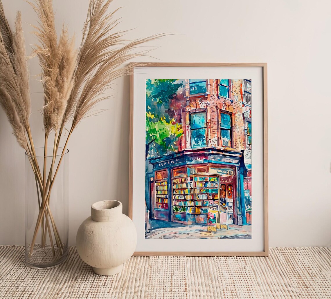 Corner Bookstore Brick Building Watercolor City Street Art Print - Image 4