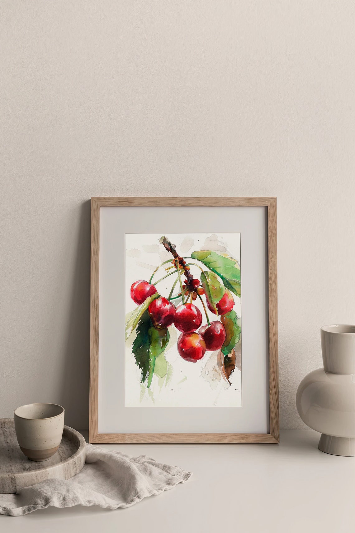 Red Cherries Branch Watercolor Fruit Kitchen Botanical Wall Art - Image 3