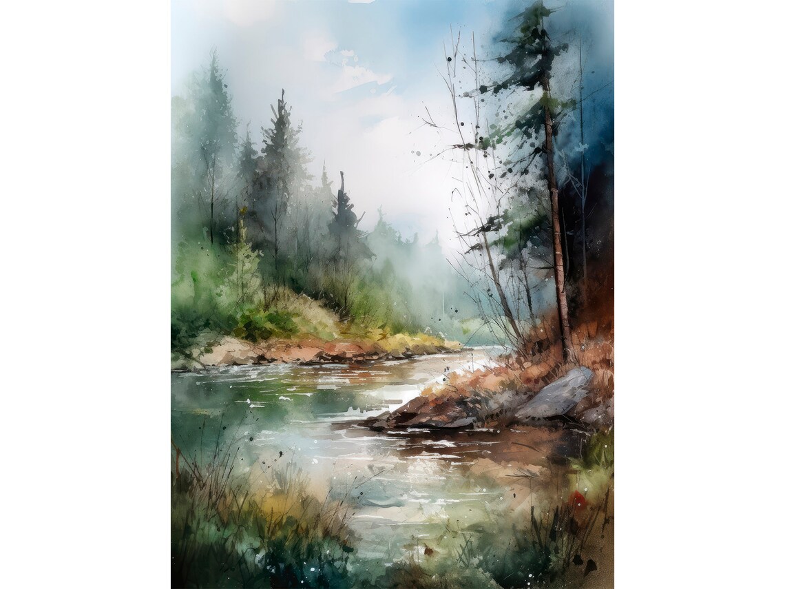 Scotland Landscape Art Print, Pine Trees Watercolor