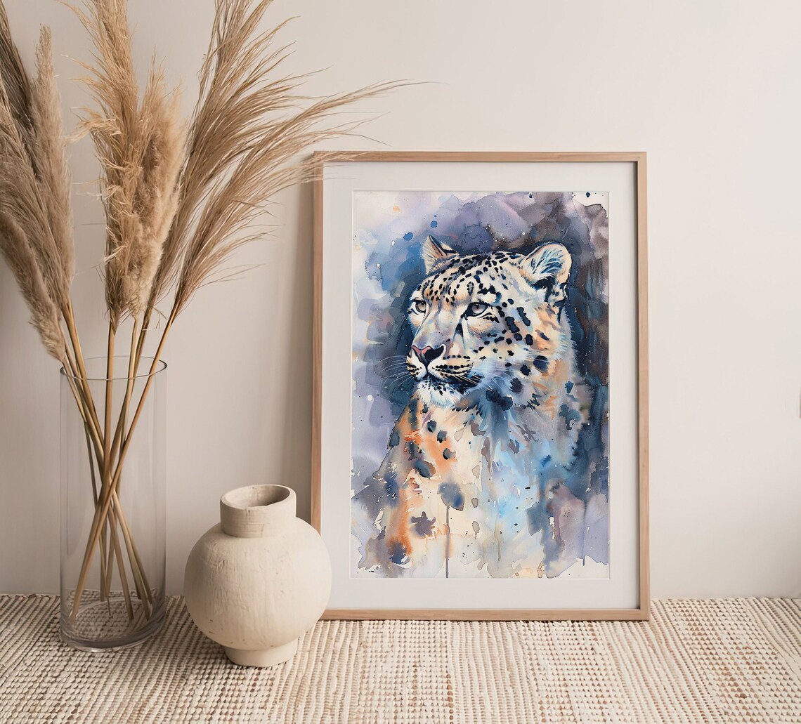 Snow Leopard Portrait Wild Big Cat Watercolor Wildlife Painting Poster - Image 3