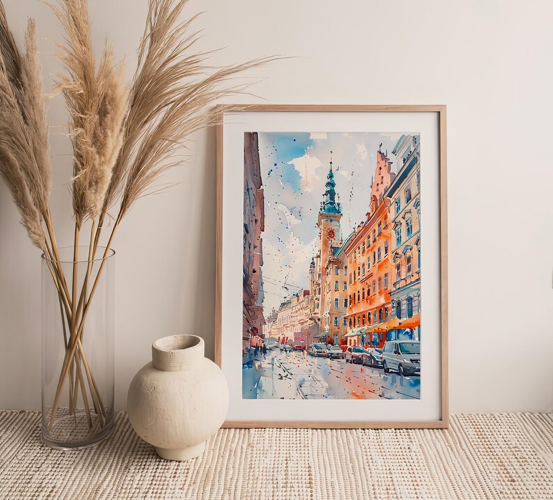 Vienna Old Town Street Historic Tower Watercolor Cityscape Poster - Image 4