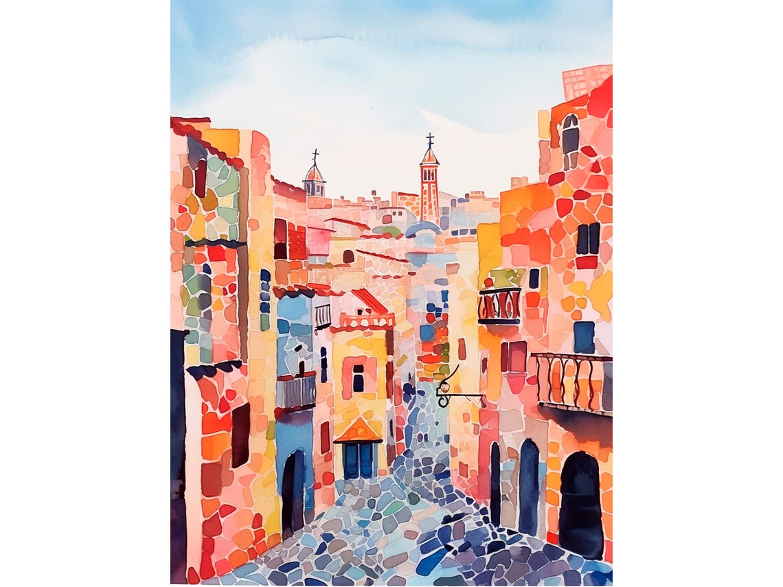 Barcelona Old Town Mosaic Street Sunny Watercolor Spain Poster