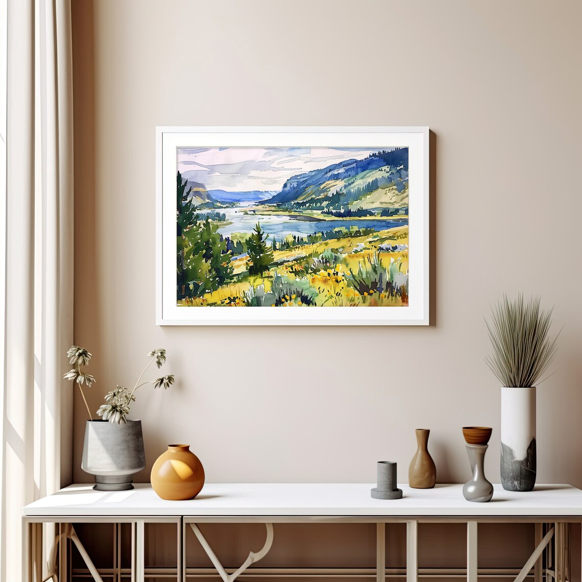 Columbia Gorge Sunny River Valley Wildflowers Watercolor Poster - Image 2