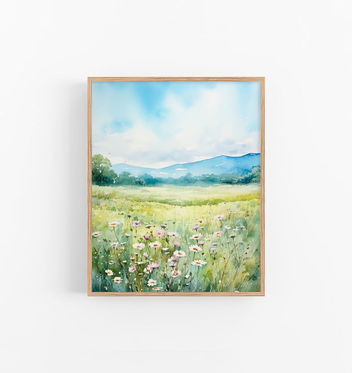 Daisy Wildflower Meadow Mountain Landscape Watercolor Wall Art