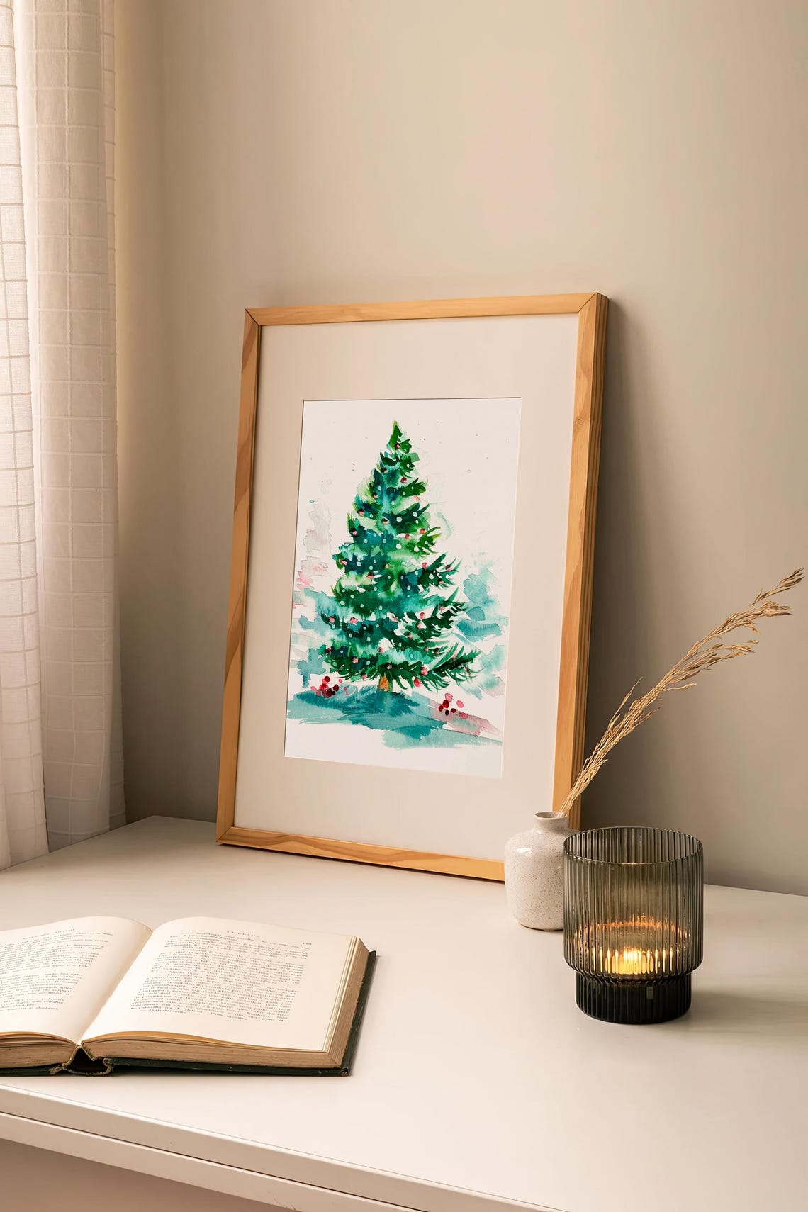 Christmas Pine Tree Snow Watercolor Holiday Winter Decor Wall Art - Image 3
