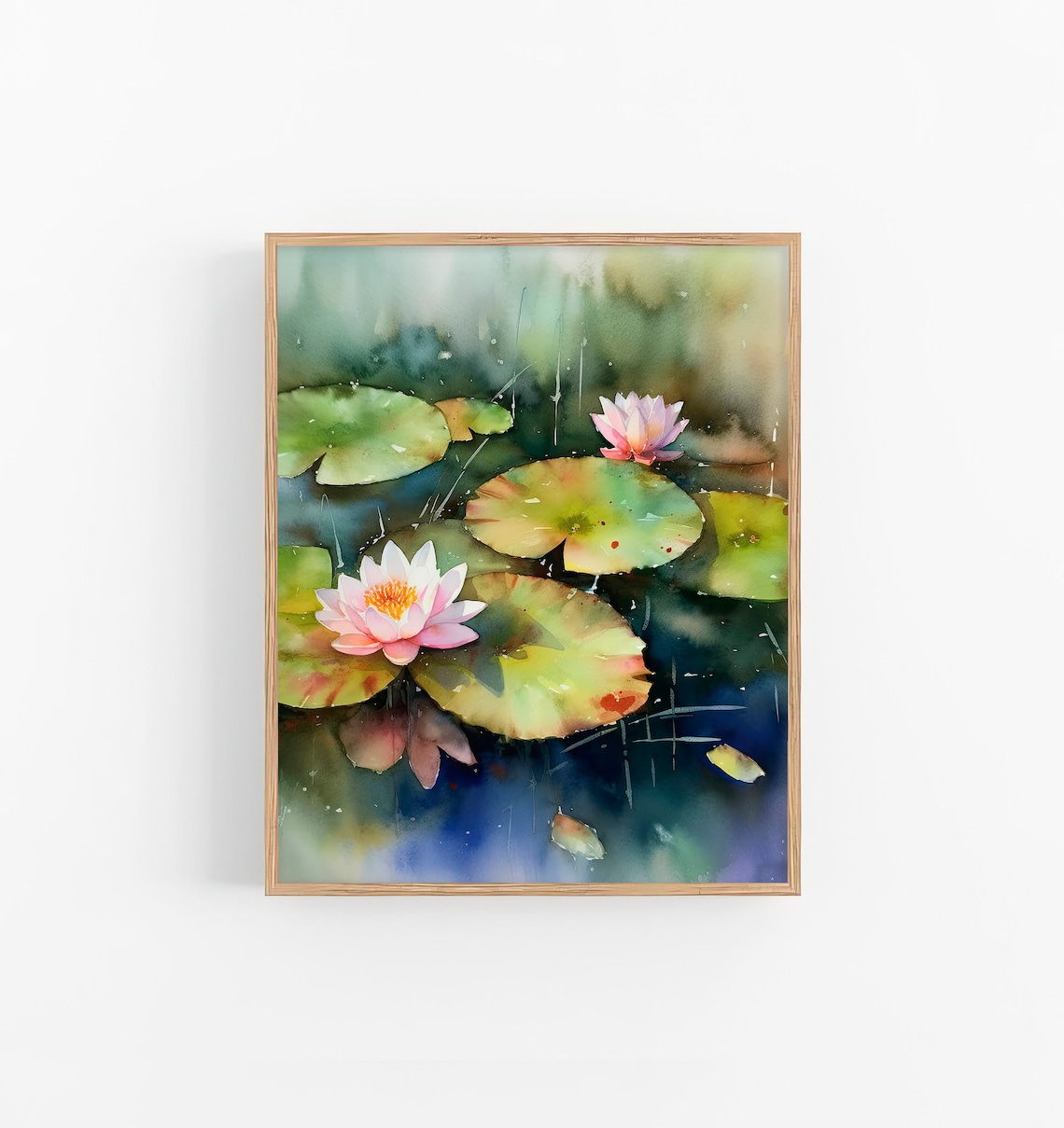 Pink Water Lily Pond Blossoms Watercolor Floral Scene Poster