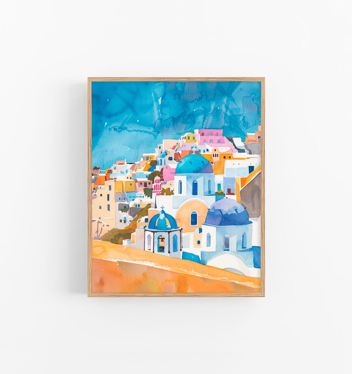 Santorini Watercolor Blue Domed Churches Whitewashed Village Poster