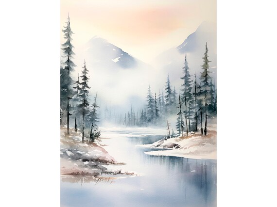 Alaska Winter Lake Misty Pines Snow Watercolor Landscape Poster
