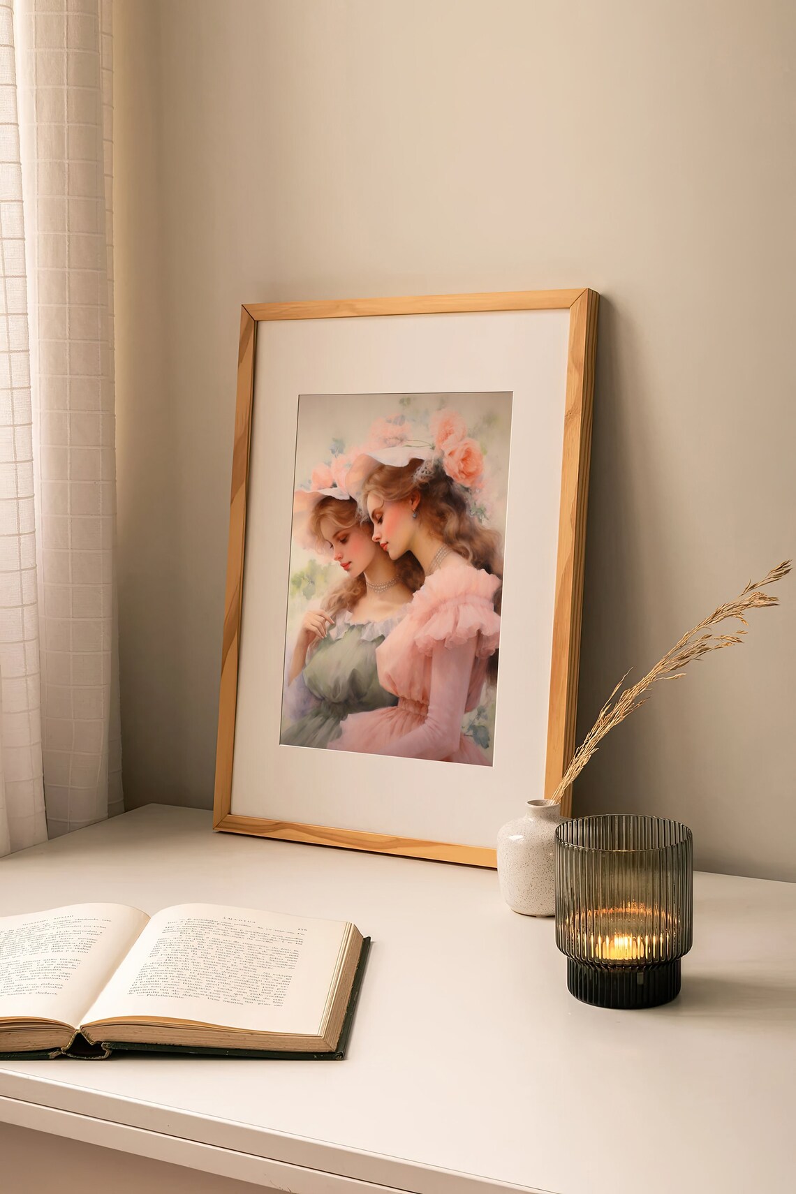 Two Sisters Romantic Portrait Vintage Dresses Floral Hats Art Poster - Image 2
