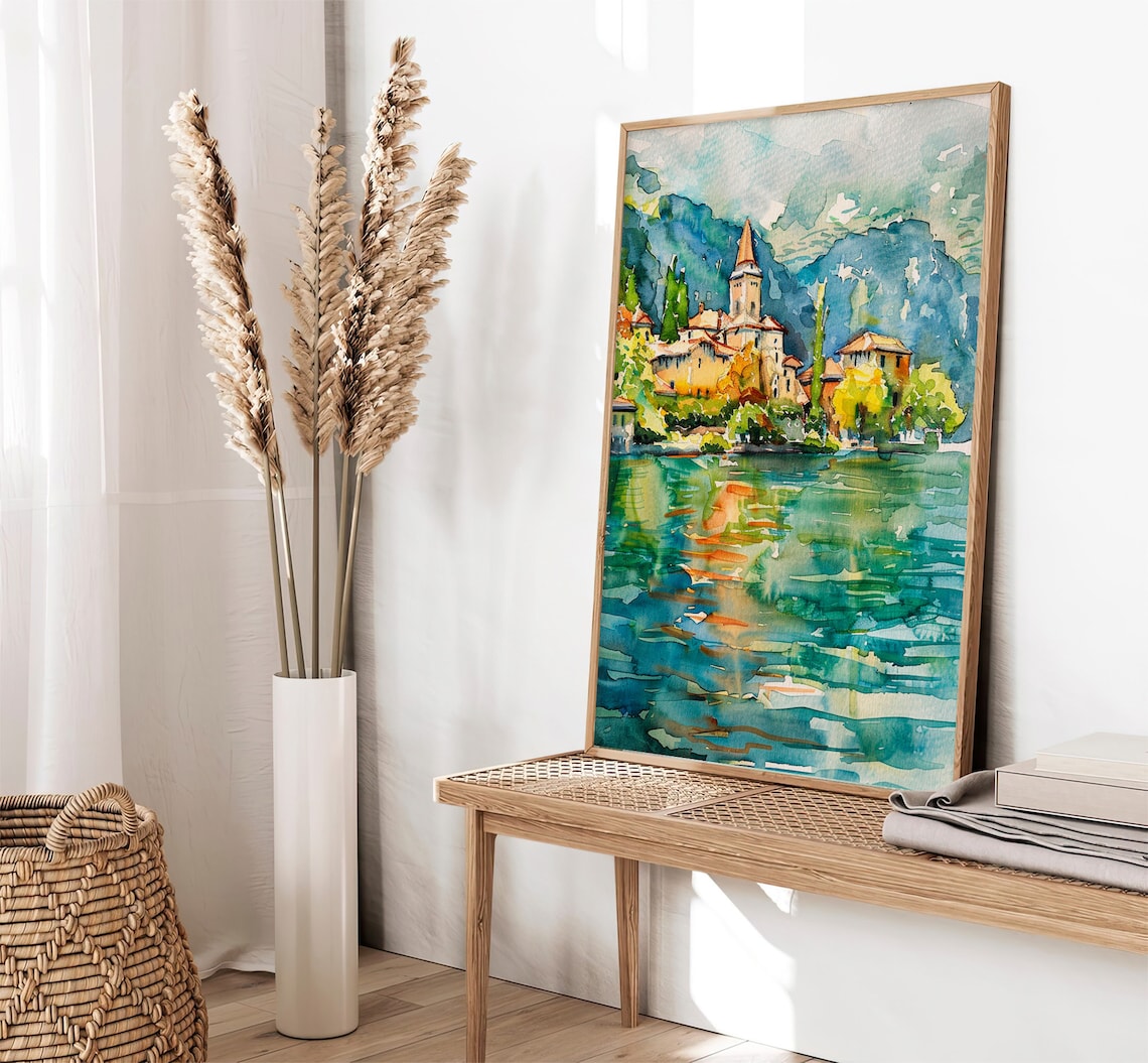 Lake Annecy Watercolor Art Print, France Landscape - Image 2