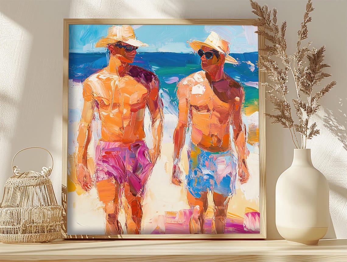 Two Men Beach Oil Painting Swimmers Sun Hats Summer Scene Poster - Image 2