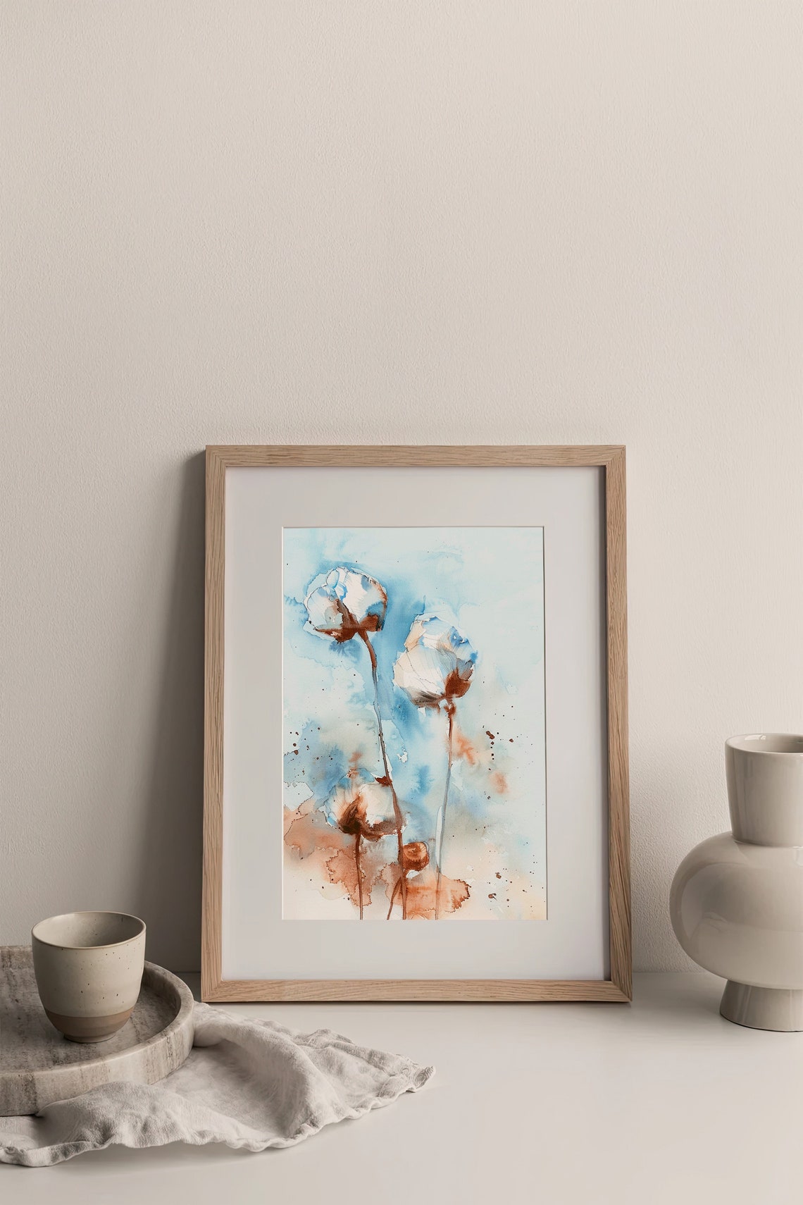 Delicate White Cotton Blossoms Abstract Floral Watercolor Poster - Image 3