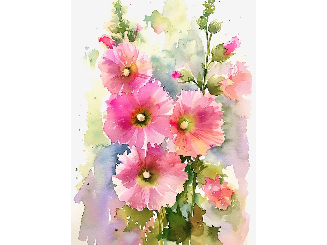 Hollyhock Flowers Watercolor Art Print, Botanical Decor