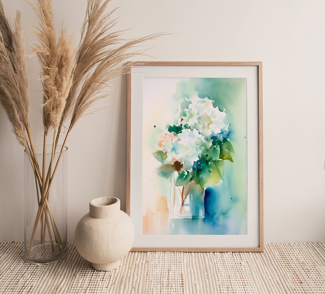 Stunning White Hydrangea Bouquet Glass Vase Watercolor Floral Poster - Image 3