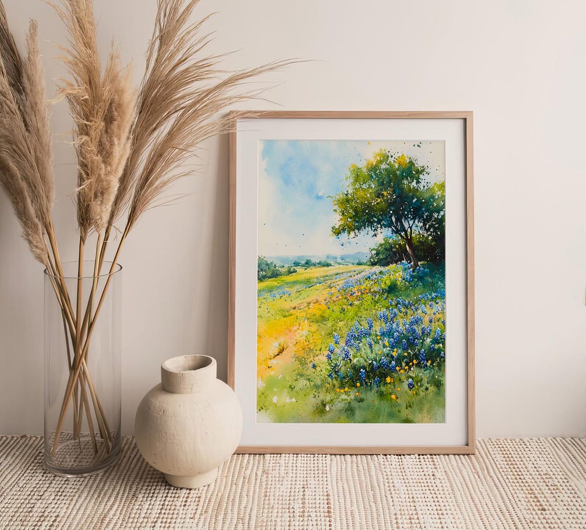 Stunning Texas Bluebonnet Wildflower Meadow Spring Watercolor Poster - Image 4
