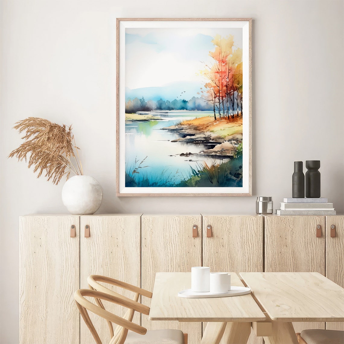Stunning Autumn Vermont Lake Birch Trees Tranquil Watercolor Poster - Image 4