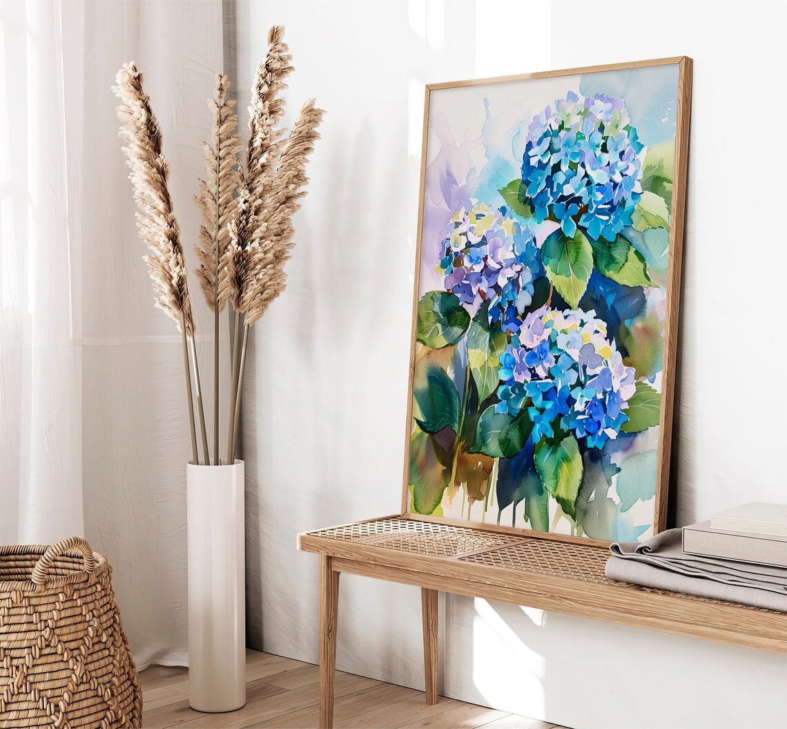 Blue Hydrangea Blooms Watercolor Floral Botanical Art Poster - Image 2