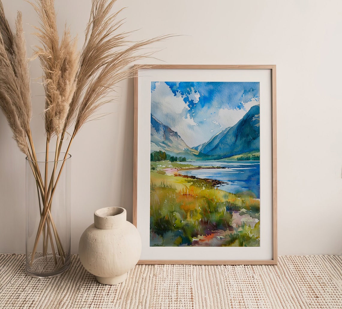 Alpine Blue Mountain Lake Valley Watercolor Landscape Poster - Image 4