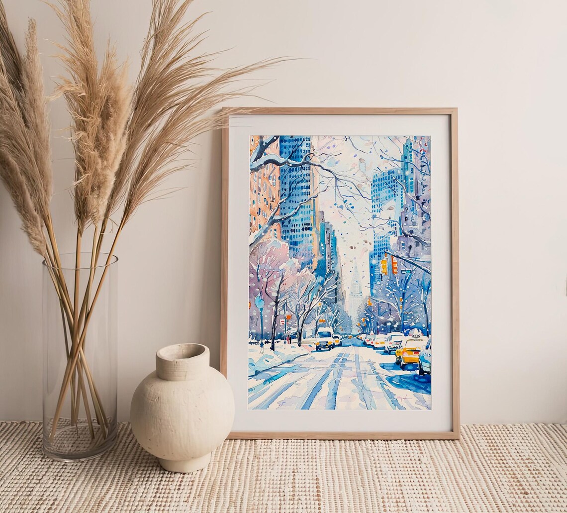 Park Avenue Winter Snow Manhattan Avenue Watercolor New York Painting Poster - Image 4