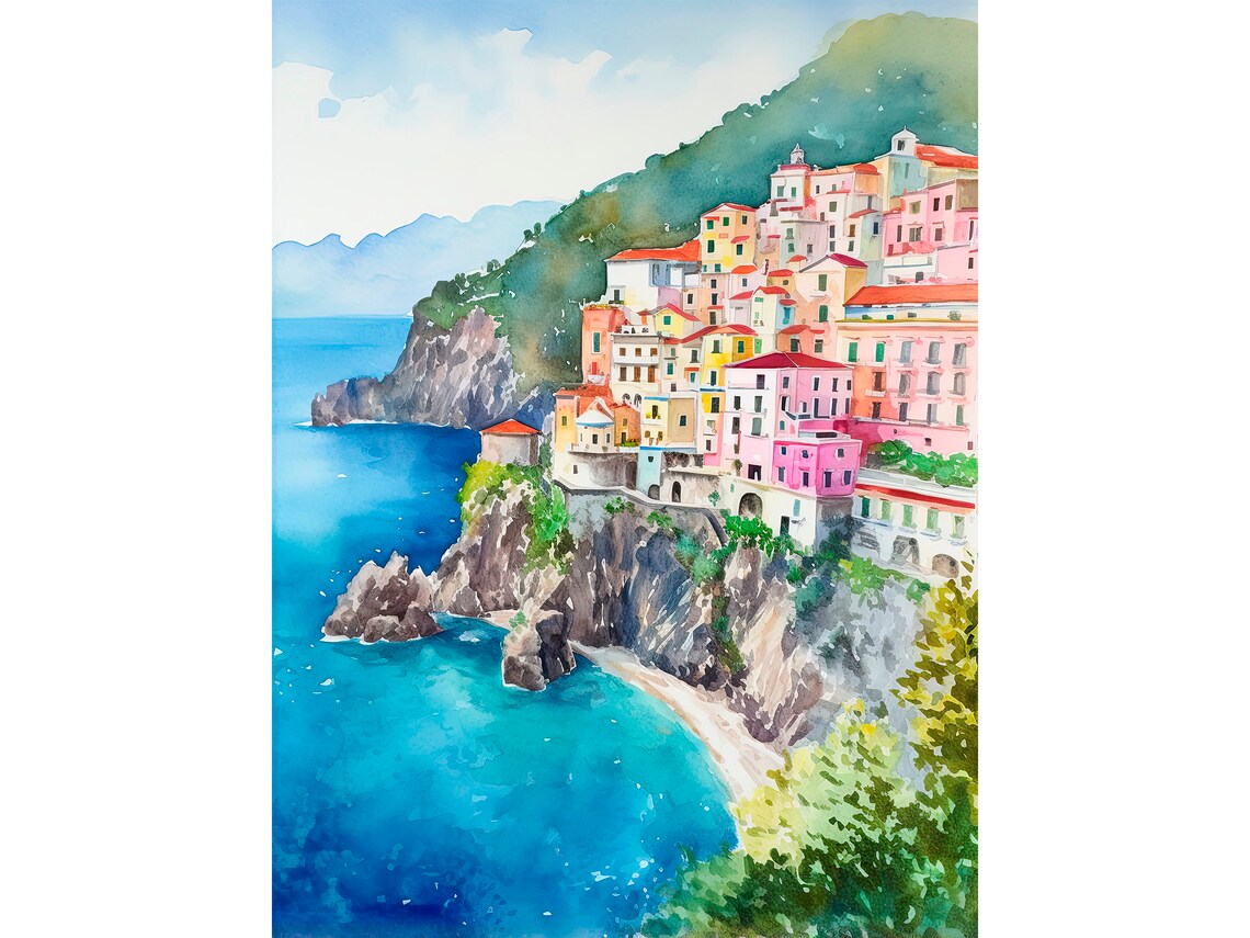 Amalfi Coast Watercolor Art Print, Italy Seascape - Image 5