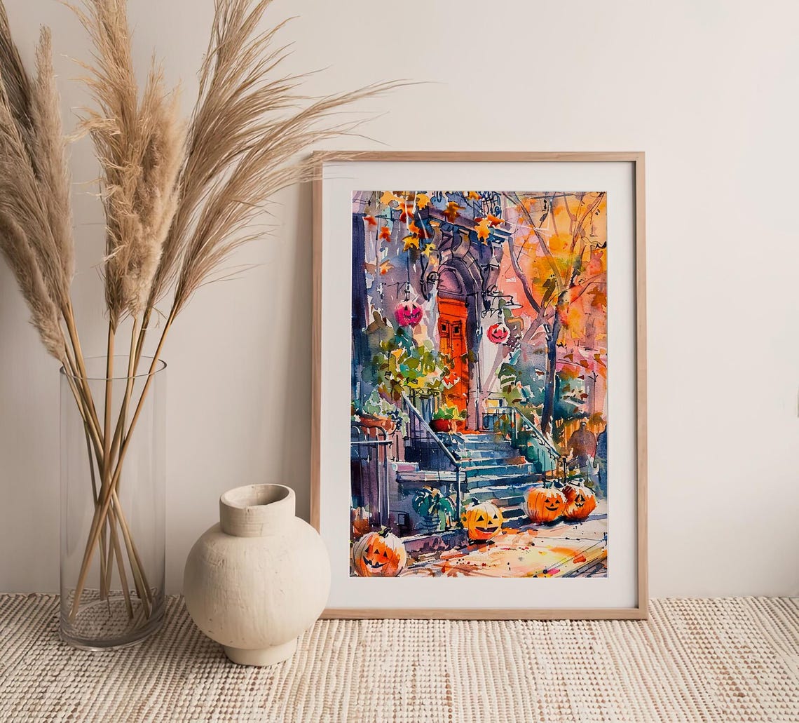 Halloween Brownstone Stoop Jack O Lanterns Autumn Watercolor Poster - Image 4