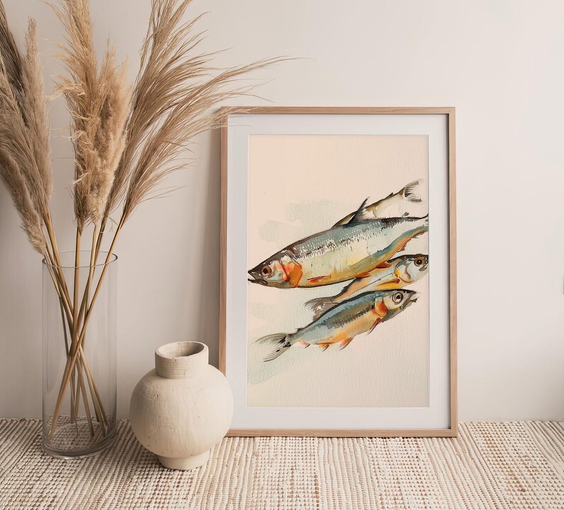 Stunning Sardine Fish School Minimal Coastal Watercolor Poster - Image 4
