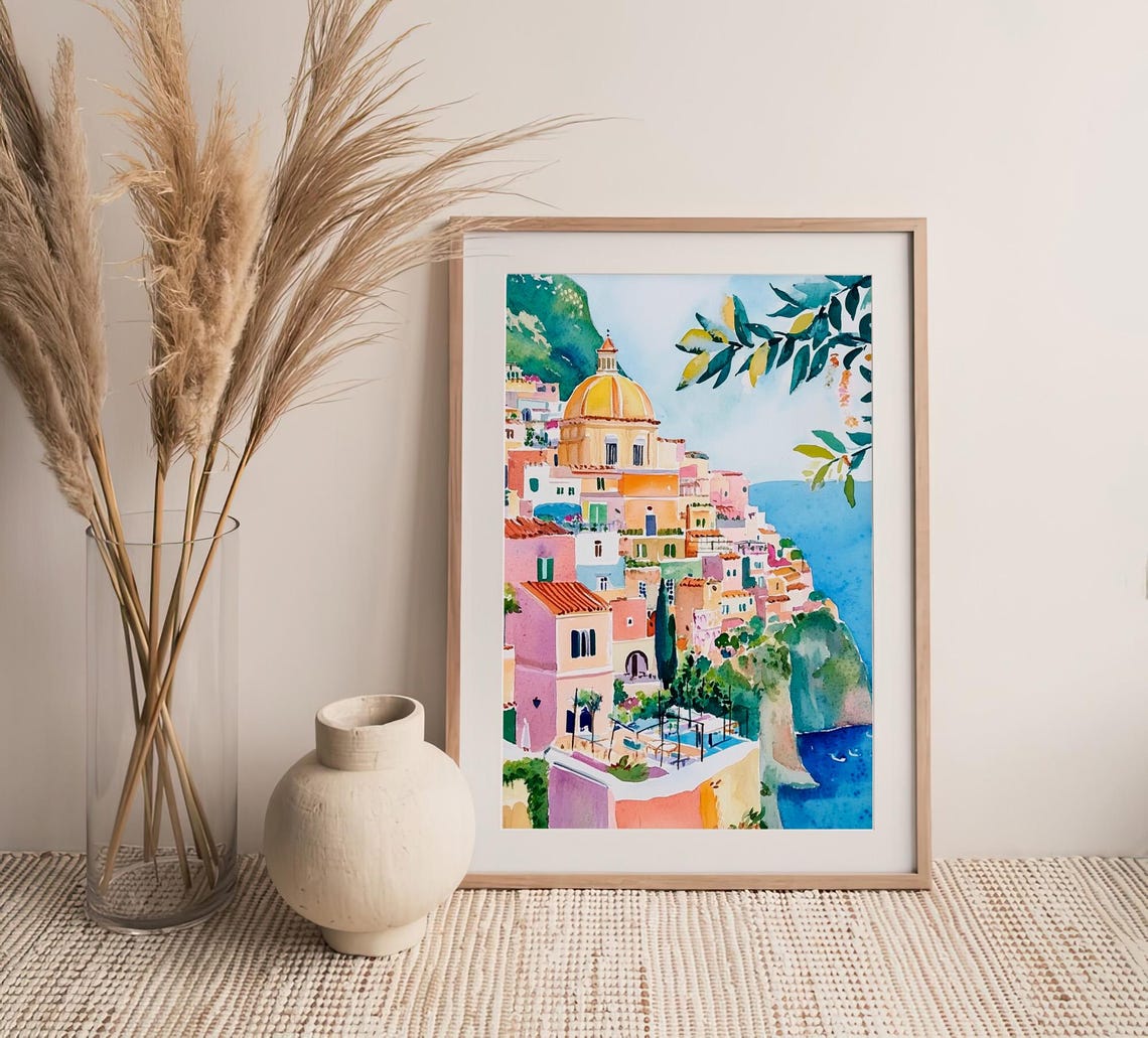 Positano Amalfi Coast Cityscape Golden Dome Watercolor Seaside Print - Image 4
