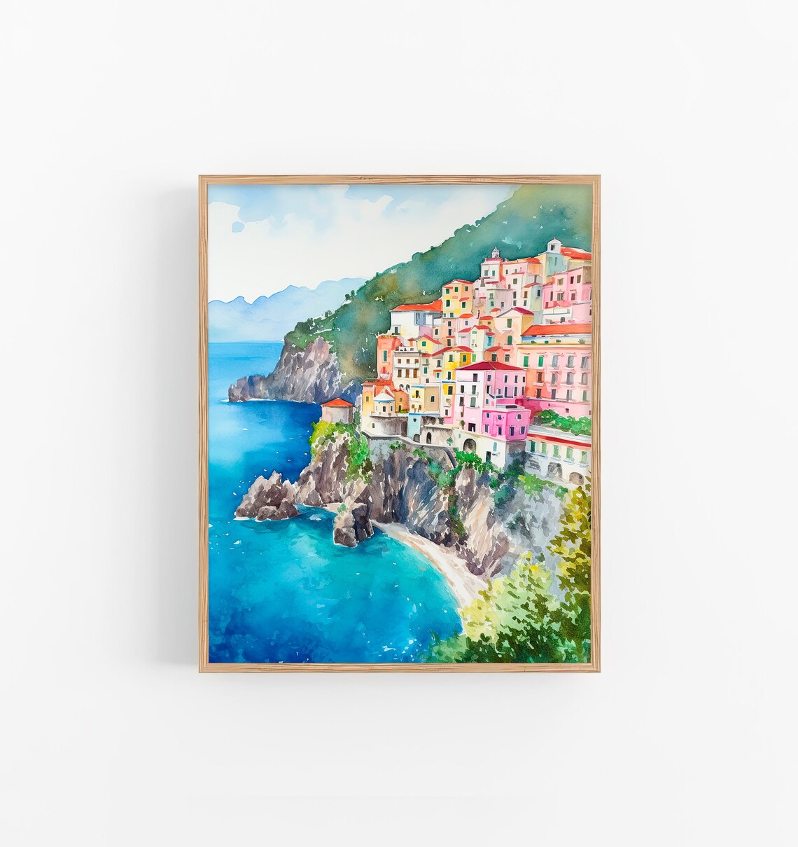 Amalfi Coast Watercolor Art Print, Italy Seascape