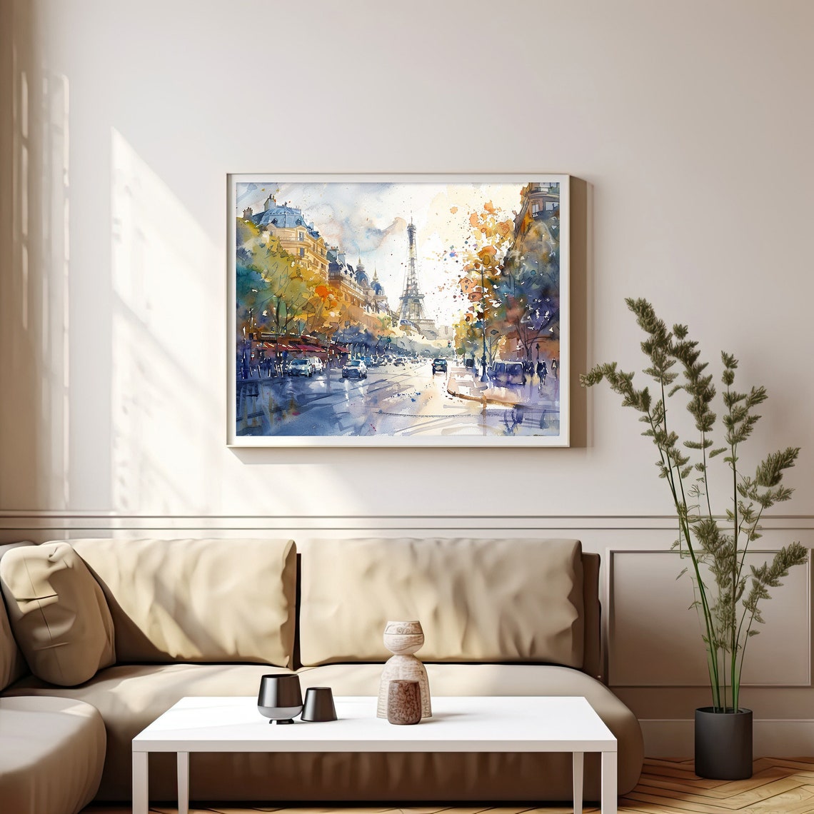 Paris Street With Eiffel Tower Autumn Rain Watercolor Cityscape Poster - Image 4