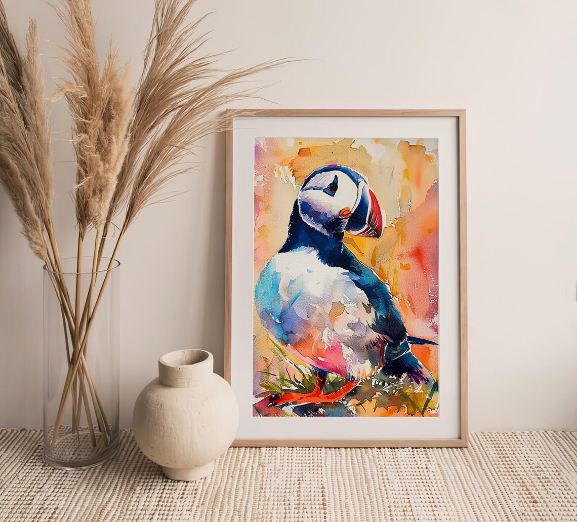 Atlantic Puffin Portrait Colorful Watercolor Wildlife Bird Wall Art - Image 4