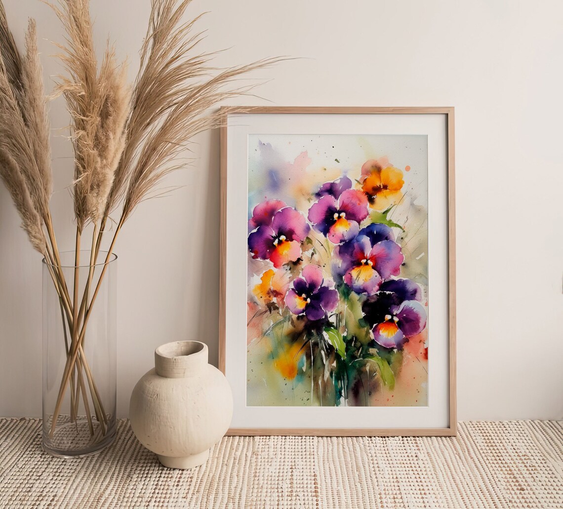 Pansy Flowers Watercolor Art Print, Meadow Artwork - Image 3