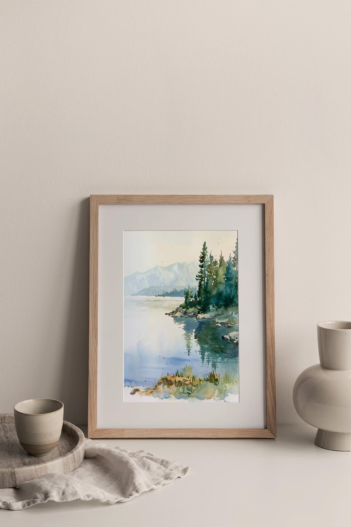 Lake Tahoe Pine Shoreline Misty Mountains Calm Watercolor Lake Poster - Image 3