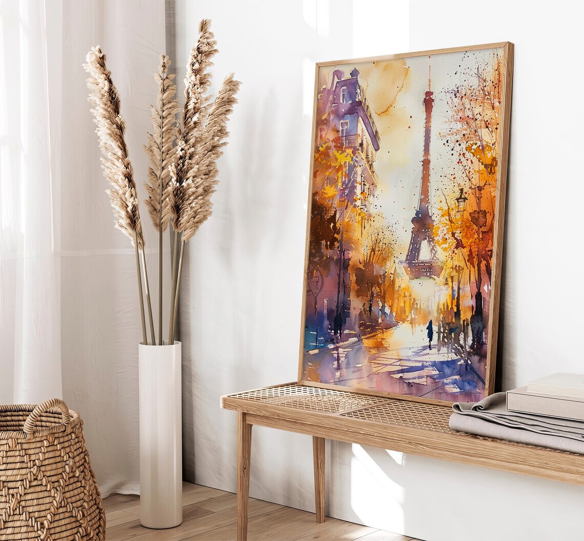Eiffel Tower Golden Autumn Paris Street Sunset Glow Watercolor City Poster - Image 2