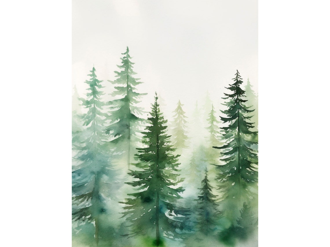Misty Evergreen Pine Forest Fog Watercolor Nature Landscape Poster