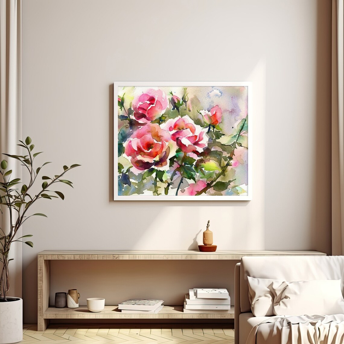 Red and Pink Garden Roses Loose Watercolor Floral Blooming Poster - Image 3