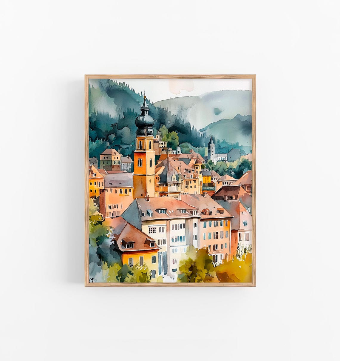 Heidelberg Old Town Church Tower Germany Watercolor Cityscape Poster