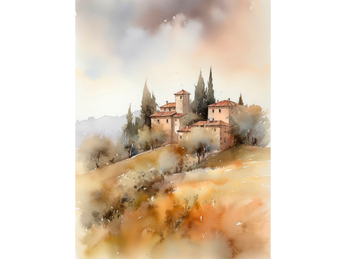 Tuscany Watercolor Art Print, Neutral Landscape